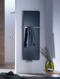 Design-Heizkörper in Schwarz, ausgestattet mit Handtuchhalter, angebracht an einer hellgrauen Wand, ergänzt durch stilvolle Wohnaccessoires.